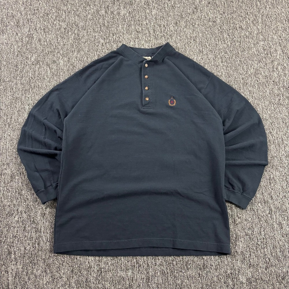 Vintage 90s Bugle Boy Company Preppy Henley Long Sleeve Black Shirt Men Large